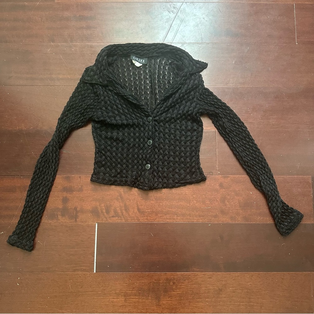Vintage 90s Cropped Open-Knit Collared Long Sleeve Button-Up Top